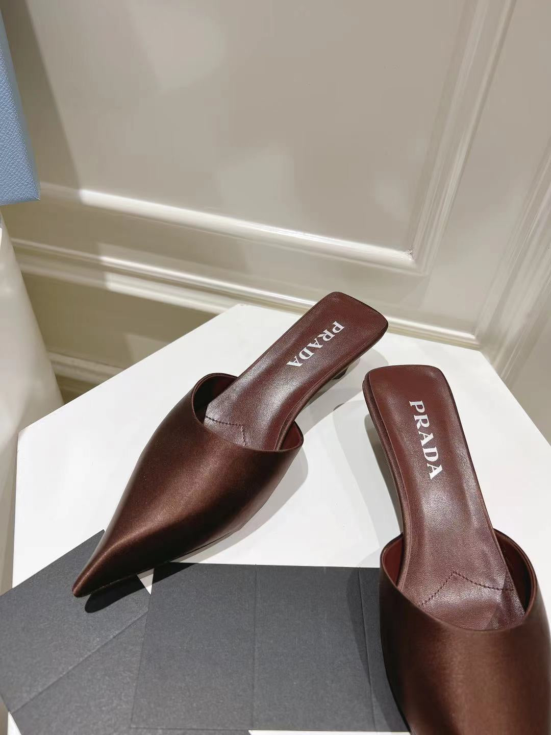 PRA POINTED-TOE MULES CHOCOLATE SATIN - 34