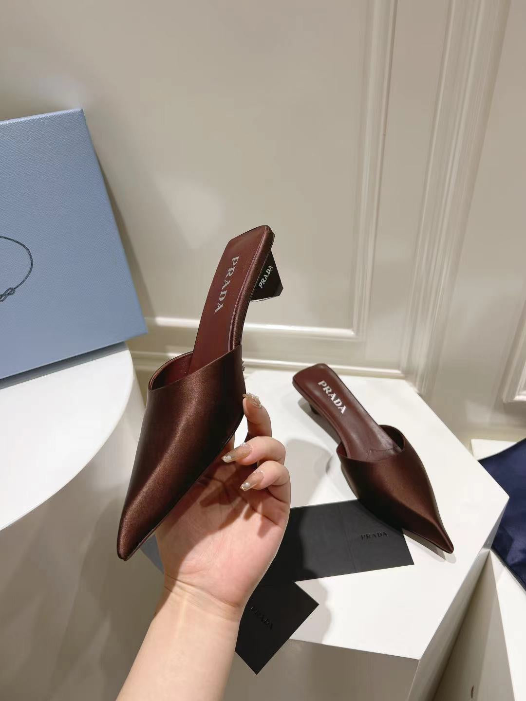 PRA POINTED-TOE MULES CHOCOLATE SATIN - 34
