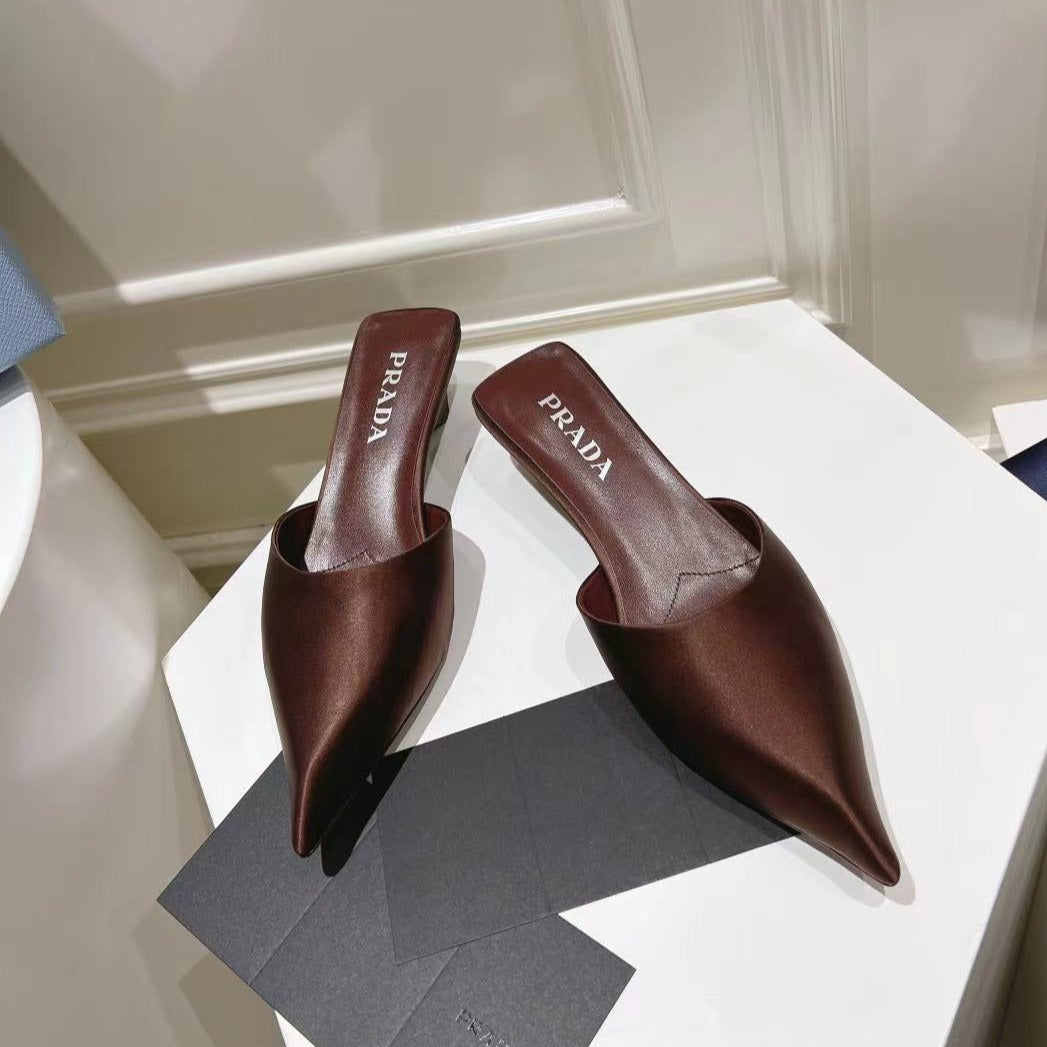 PRA POINTED-TOE MULES CHOCOLATE SATIN - 34