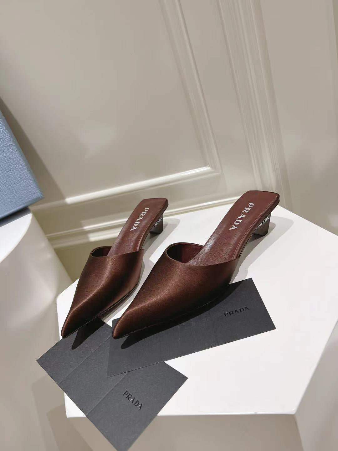 PRA POINTED-TOE MULES CHOCOLATE SATIN - 34