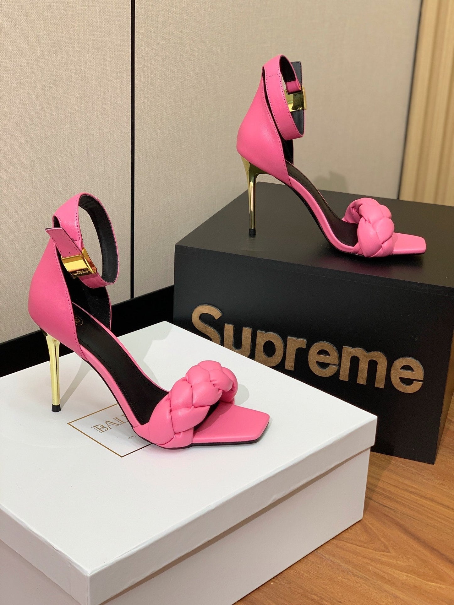 BALMAIN 25S ANKLE STRAP HIGH HEEL 95MM IN PINK CALFSKIN - 36