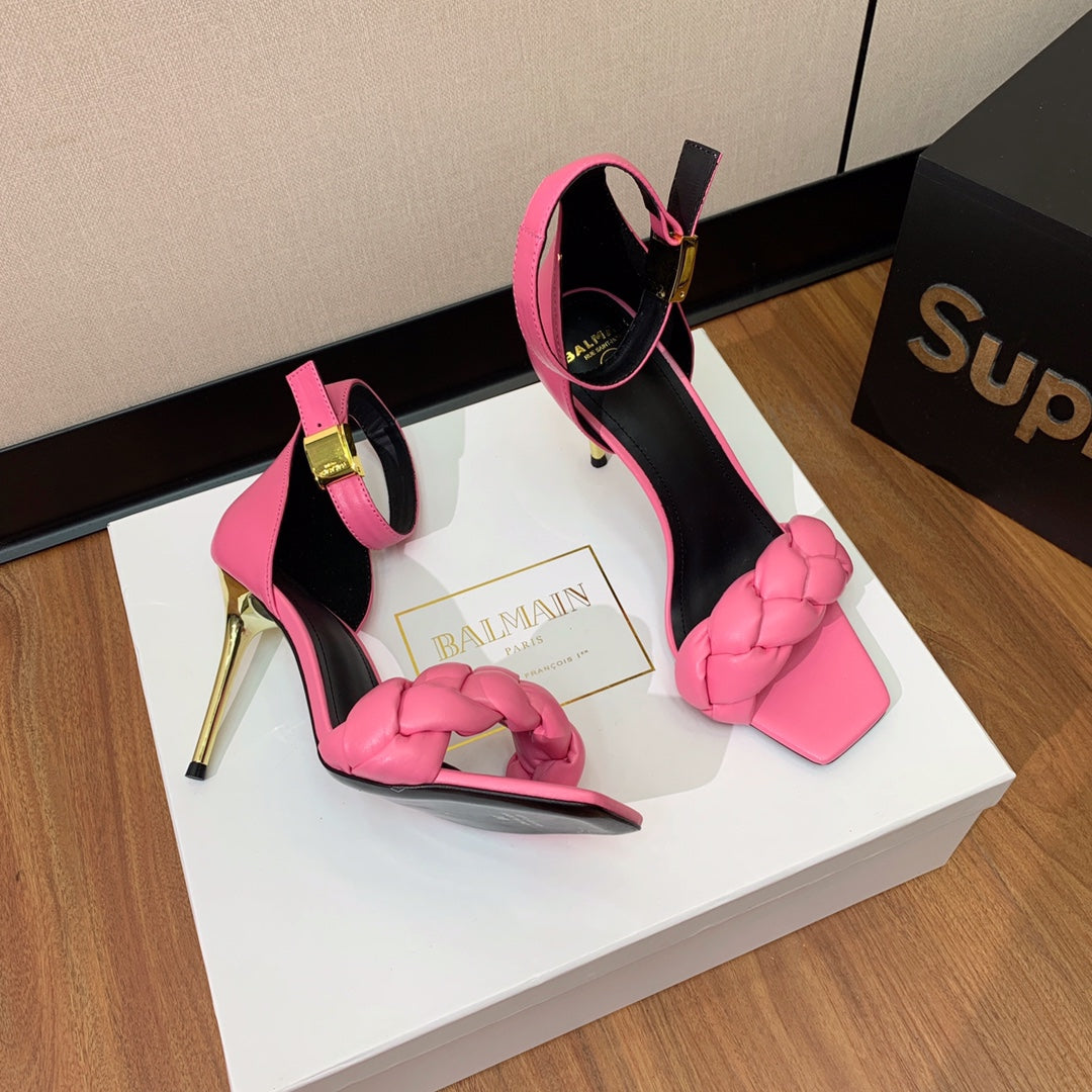BALMAIN 25S ANKLE STRAP HIGH HEEL 95MM IN PINK CALFSKIN - 36