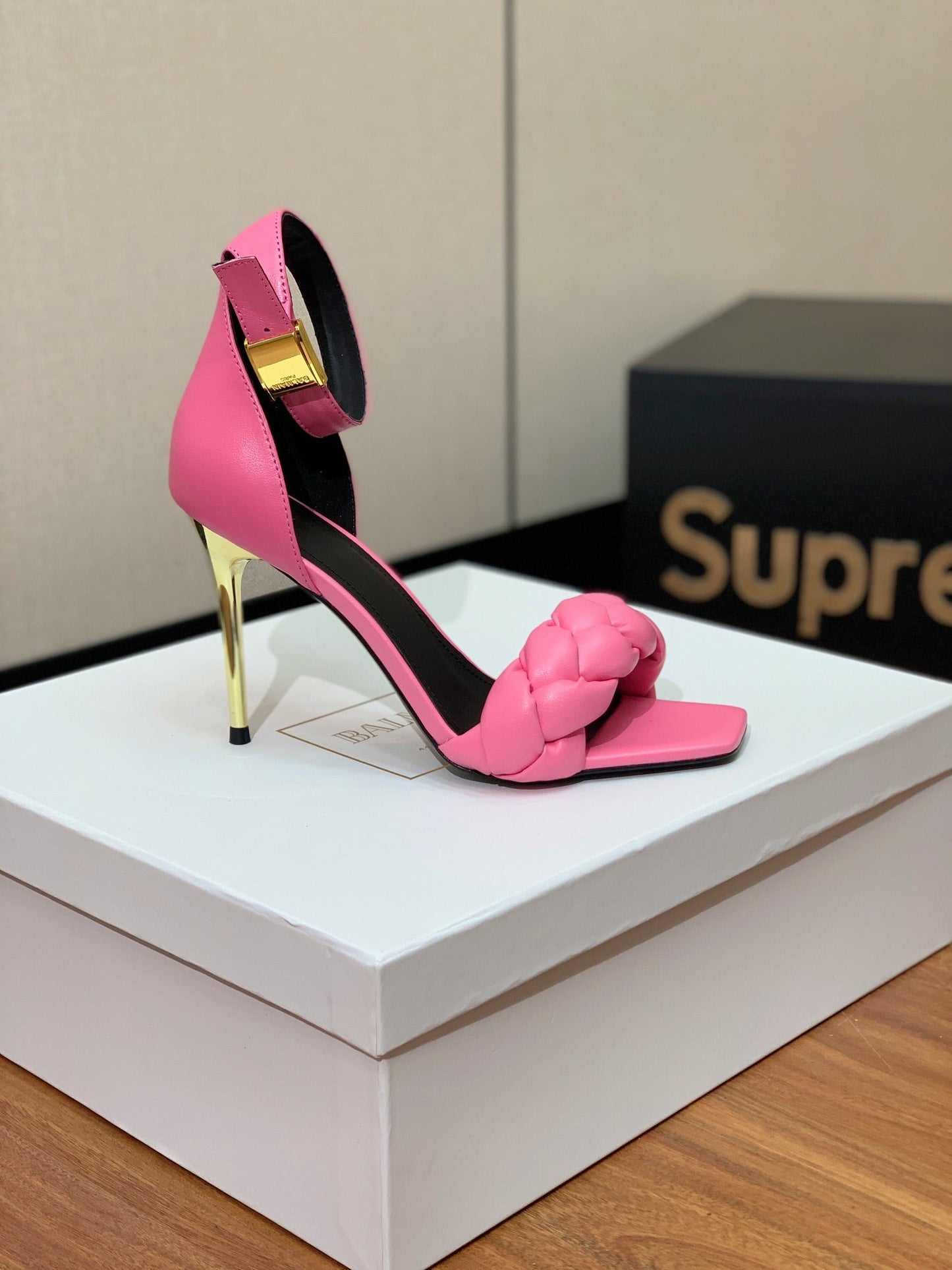 BALMAIN 25S ANKLE STRAP HIGH HEEL 95MM IN PINK CALFSKIN - 36