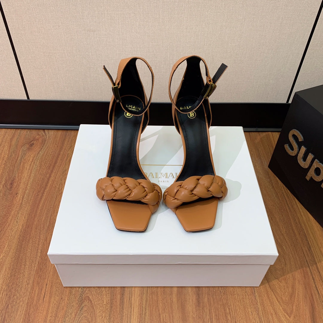 BALMAIN 25S ANKLE STRAP HIGH HEEL 95MM IN BROWN CALFSKIN - 36