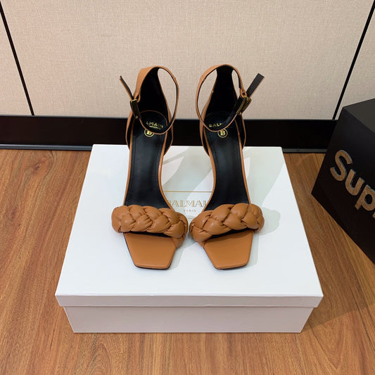 BALMAIN 25S ANKLE STRAP HIGH HEEL 95MM IN BROWN CALFSKIN - 36