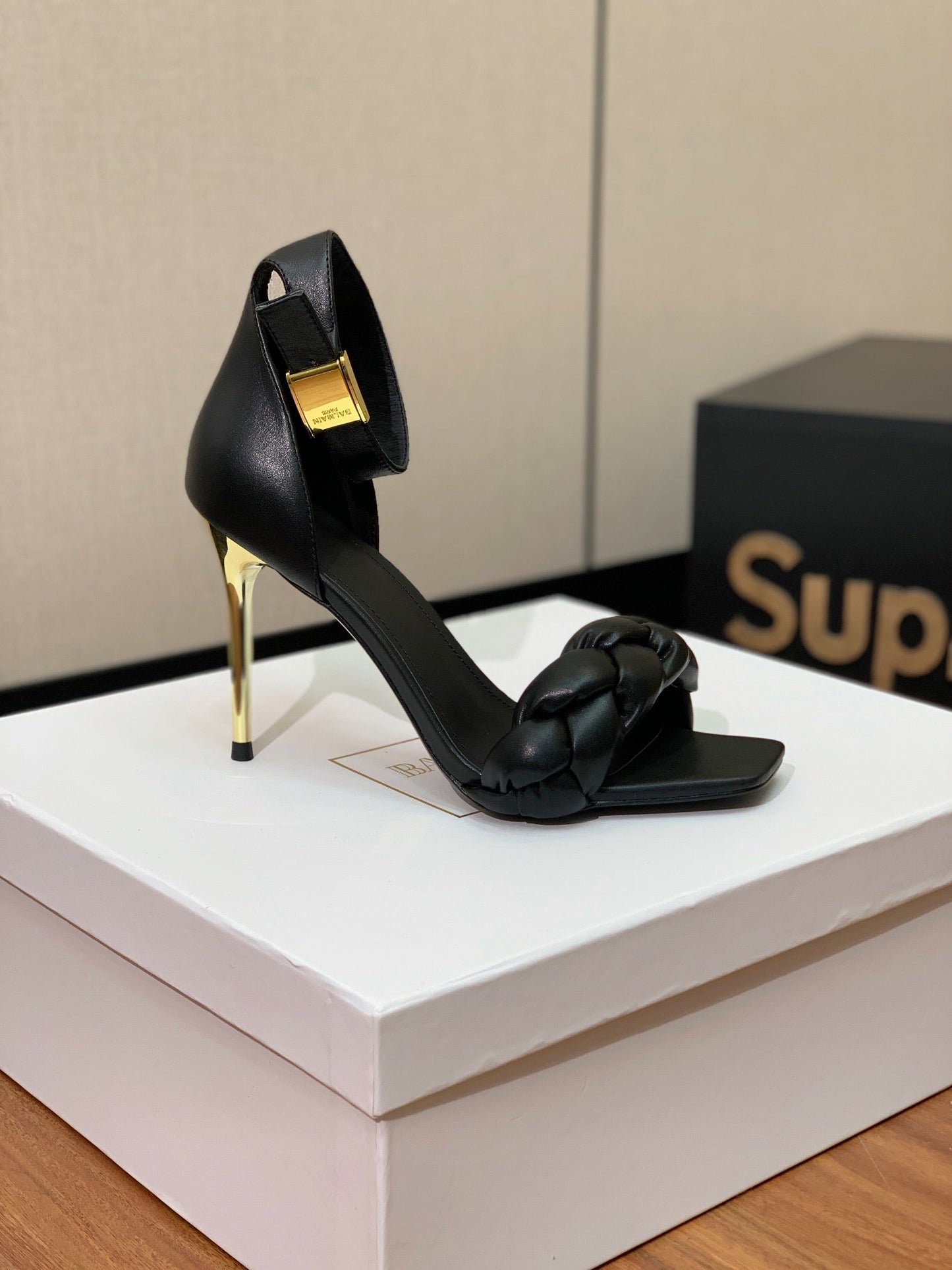 BALMAIN 25S ANKLE STRAP HIGH HEEL 95MM IN BLACK CALFSKIN - 36