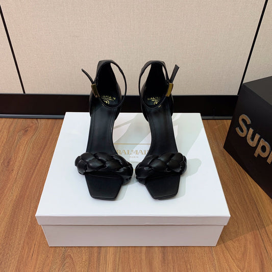 BALMAIN 25S ANKLE STRAP HIGH HEEL 95MM IN BLACK CALFSKIN - 36