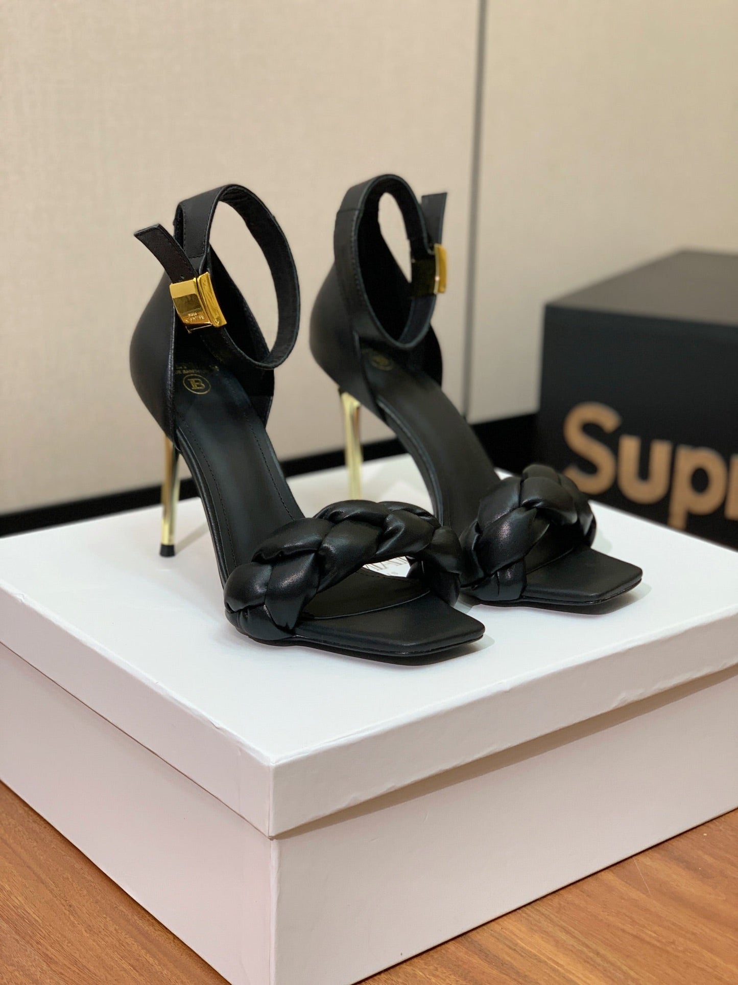 BALMAIN 25S ANKLE STRAP HIGH HEEL 95MM IN BLACK CALFSKIN - 36