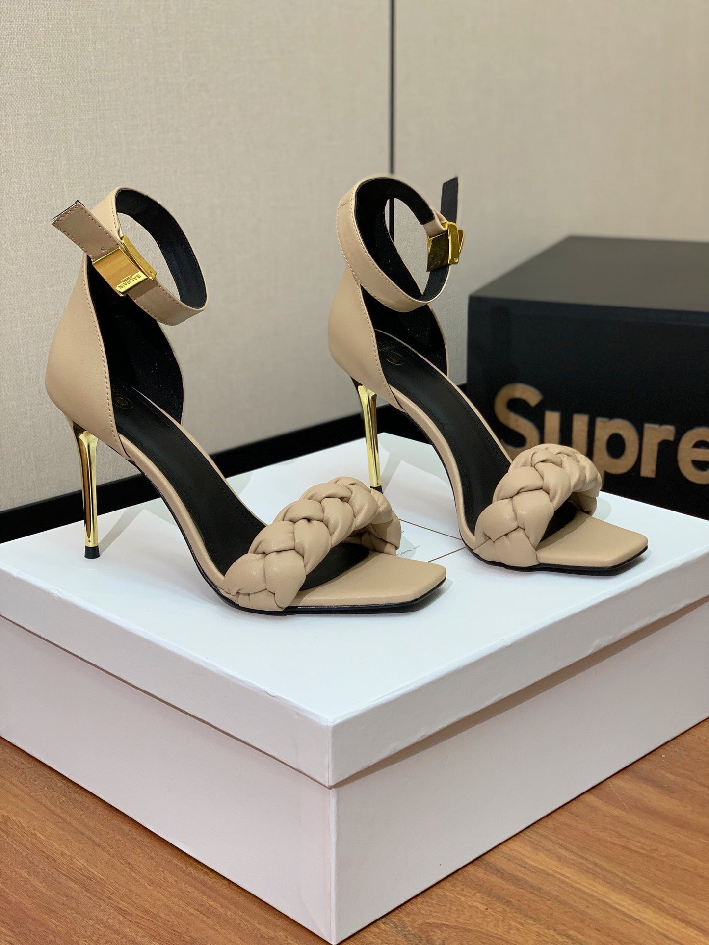 BALMAIN 25S ANKLE STRAP HIGH HEEL 95MM IN BEIGE GRAY CALFSKIN - 36