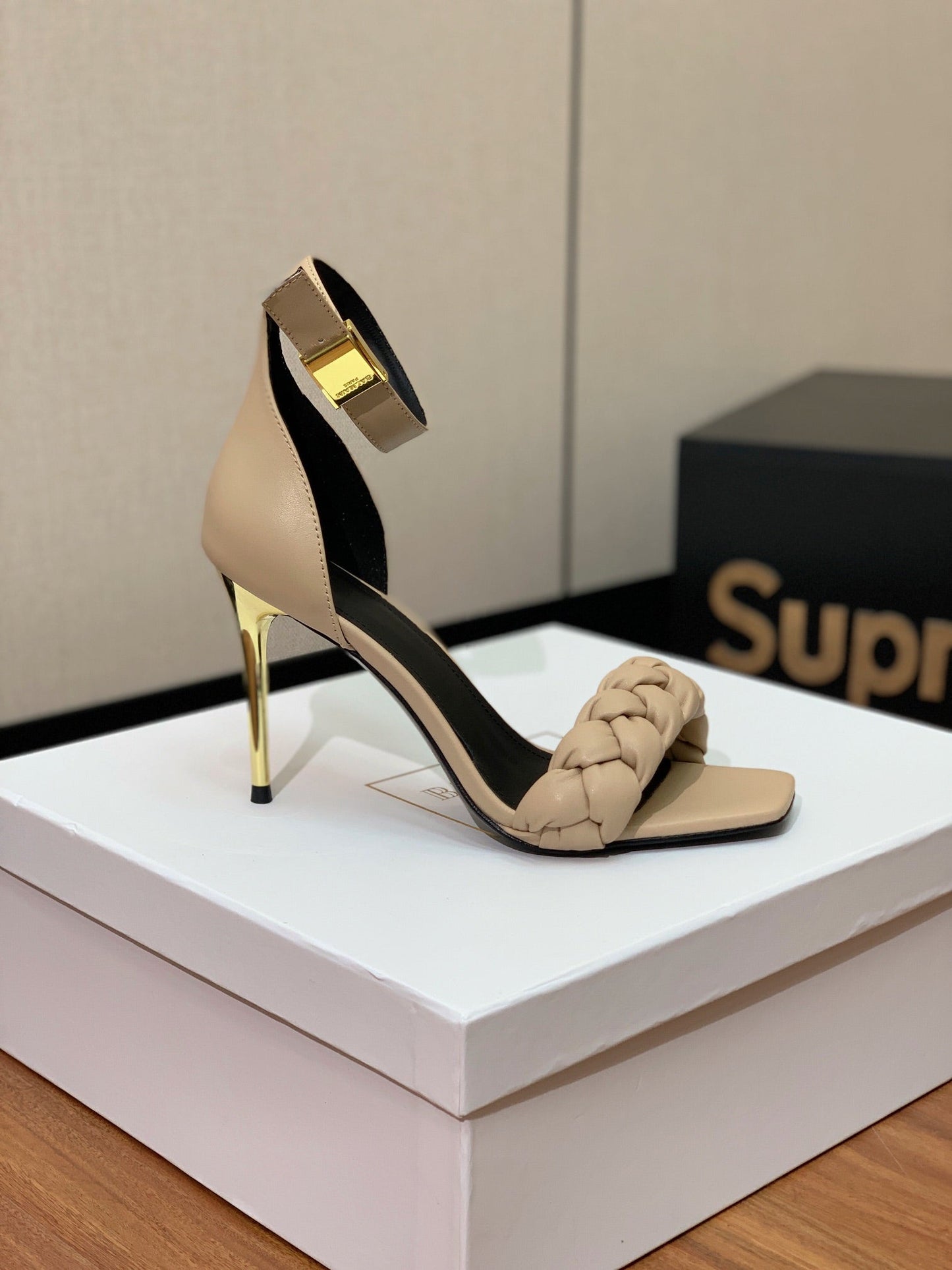 BALMAIN 25S ANKLE STRAP HIGH HEEL 95MM IN BEIGE GRAY CALFSKIN - 36
