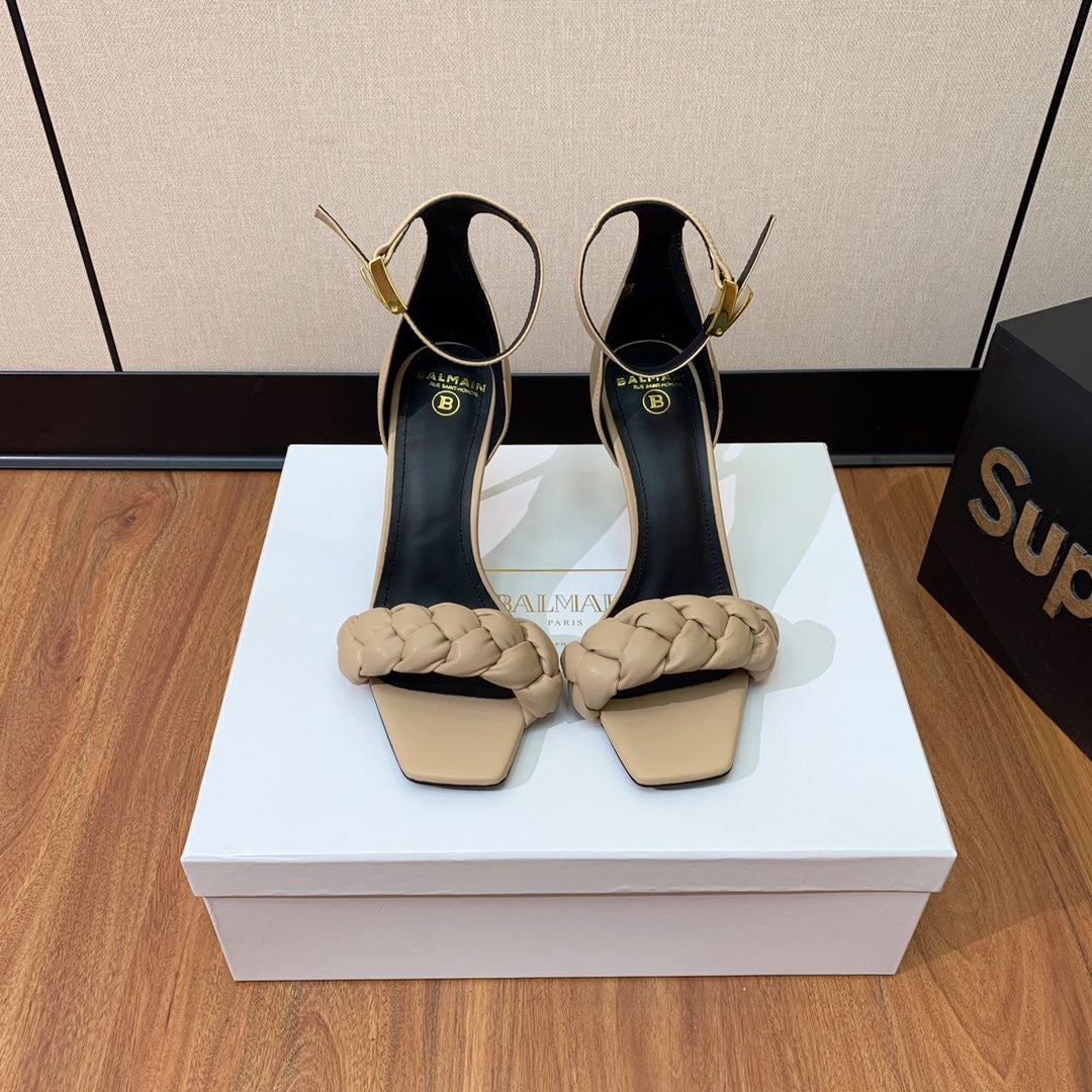 BALMAIN 25S ANKLE STRAP HIGH HEEL 95MM IN BEIGE GRAY CALFSKIN - 36