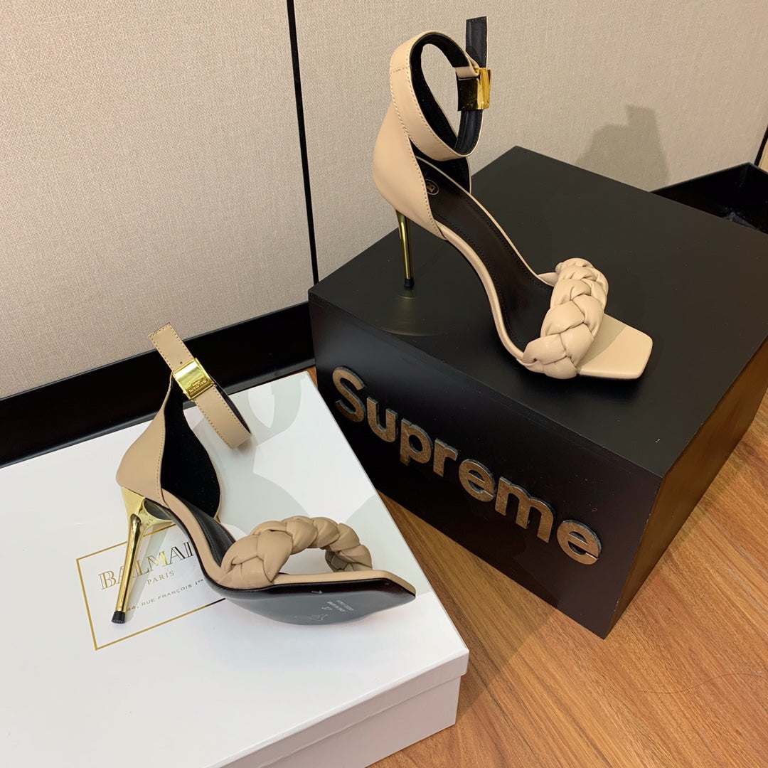 BALMAIN 25S ANKLE STRAP HIGH HEEL 95MM IN BEIGE GRAY CALFSKIN - 36