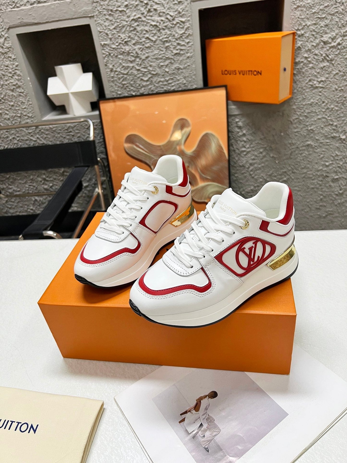 LV WOMEN SNEAKER IN WHITE MIX CHERRY RED CALFSKIN - 35