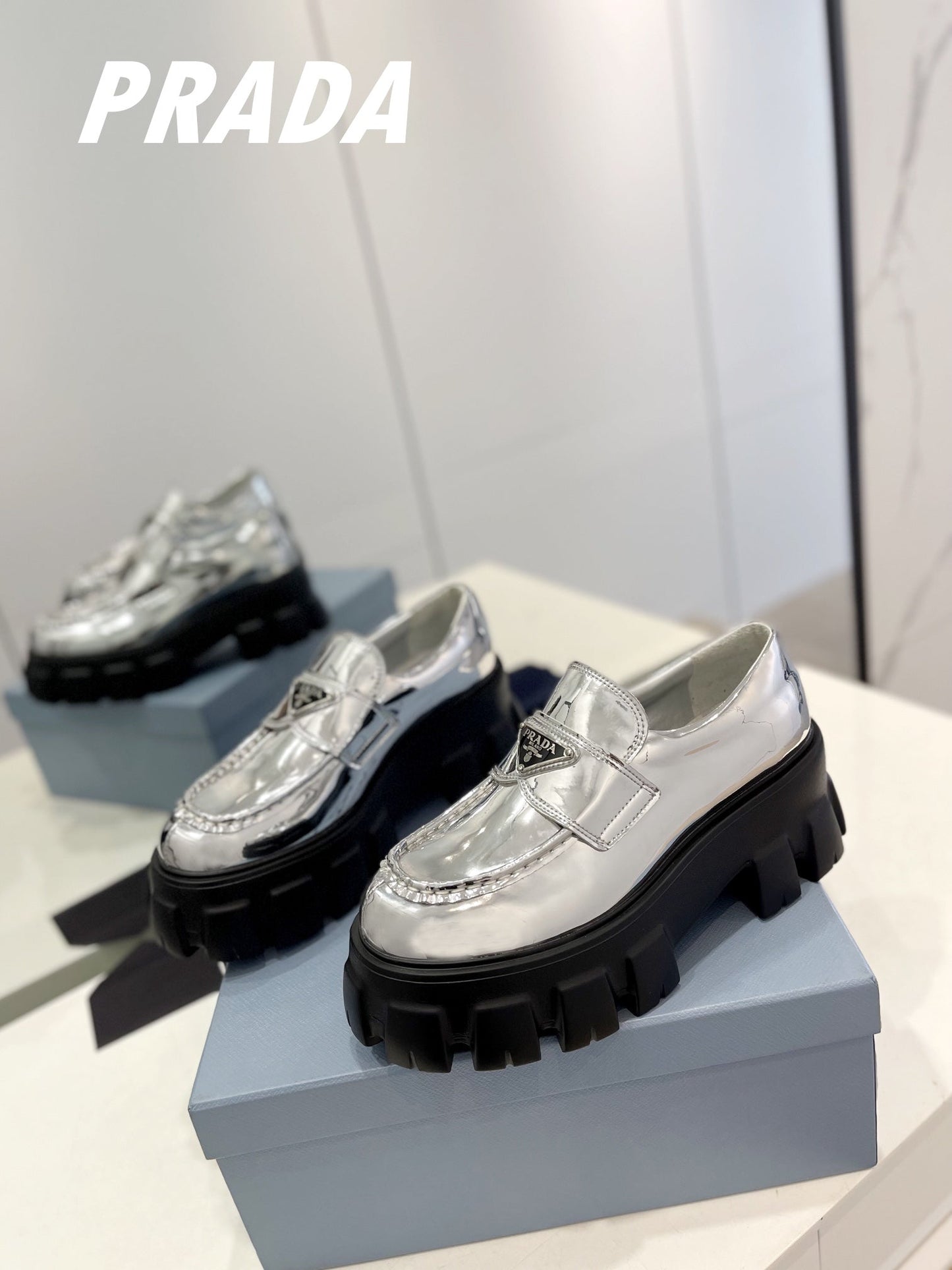 PRA BRUSHED LEATHER MONOLITH LOAFERS SILVER - 35