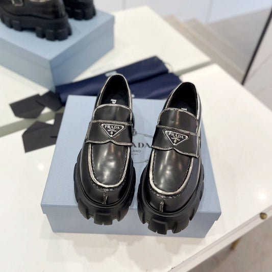 PRA BRUSHED LEATHER MONOLITH LOAFERS BLACK-SILVER BORDER - 34