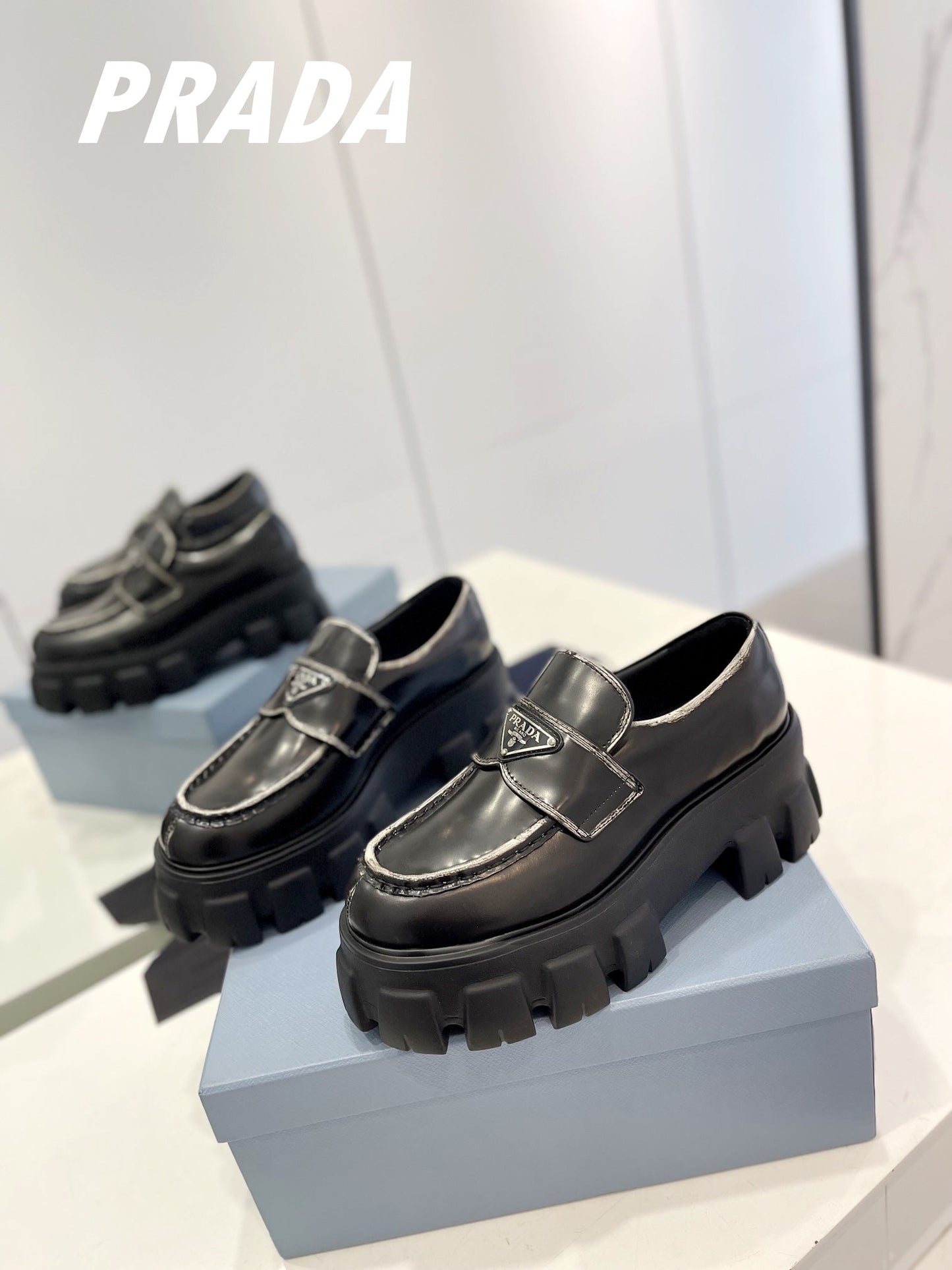 PRA BRUSHED LEATHER MONOLITH LOAFERS BLACK-SILVER BORDER - 34