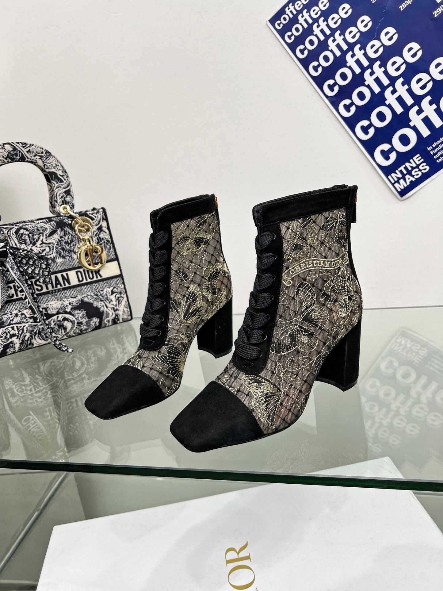 DIOR 25S NAUGHTILY-D ANKLE BOOTS 80 MM IN BLACK MESH TULLE AND SUEDE - 34