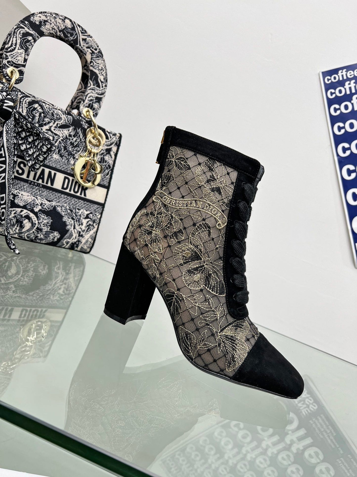 DIOR 25S NAUGHTILY-D ANKLE BOOTS 80 MM IN BLACK MESH TULLE AND SUEDE - 34