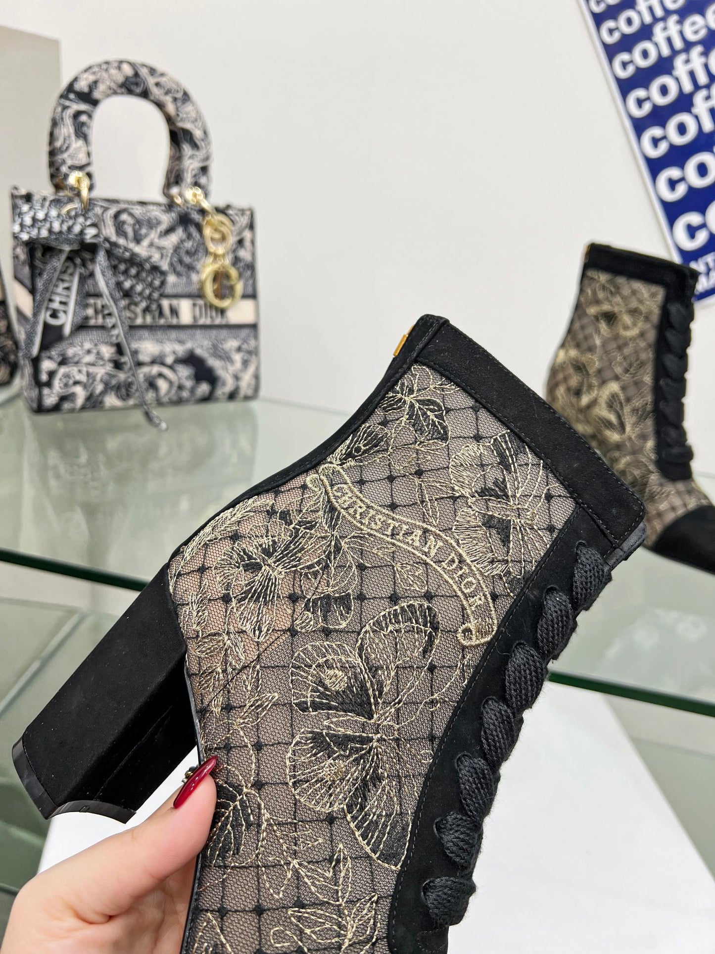 DIOR 25S NAUGHTILY-D ANKLE BOOTS 80 MM IN BLACK MESH TULLE AND SUEDE - 34