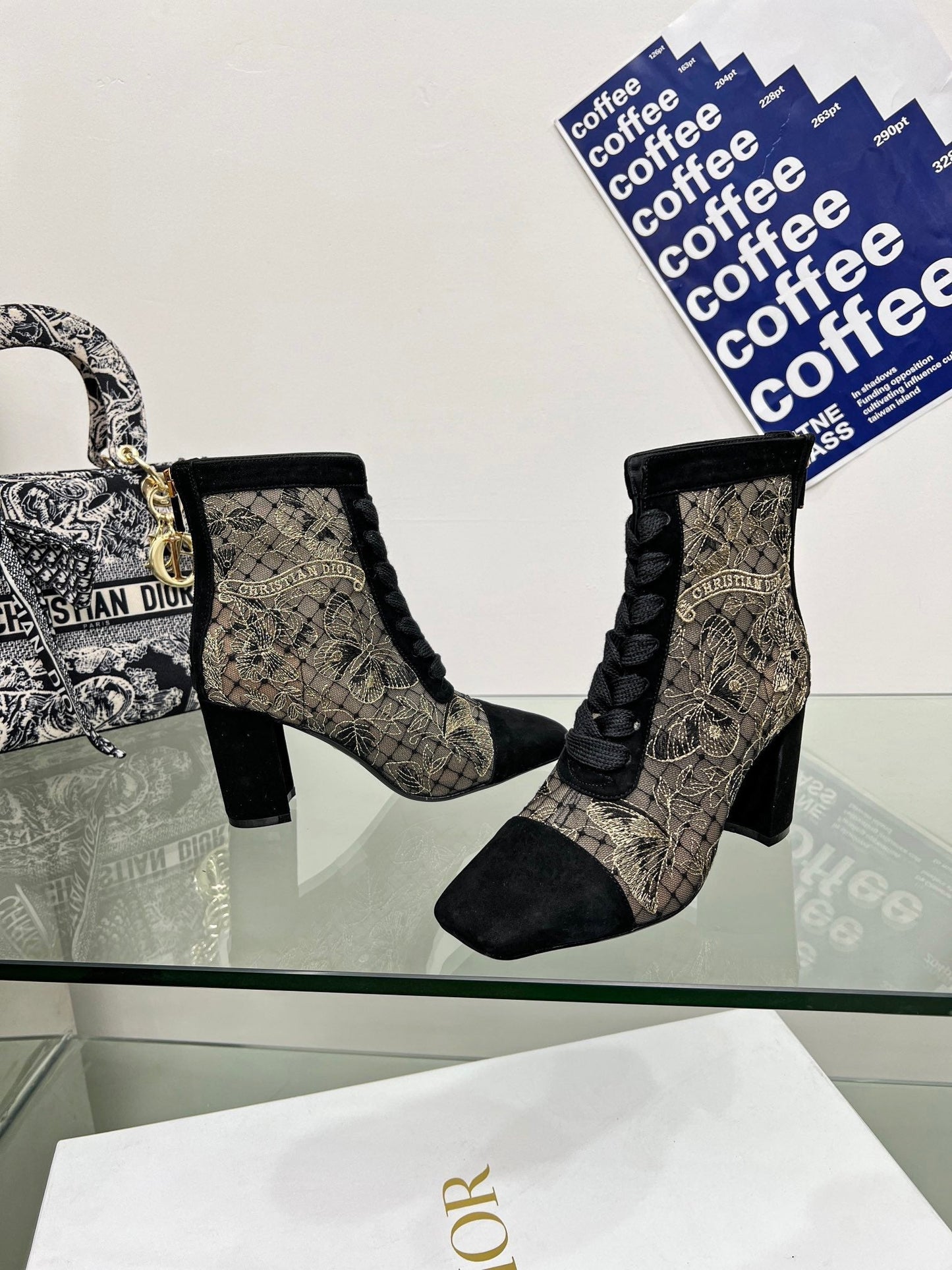 DIOR 25S NAUGHTILY-D ANKLE BOOTS 80 MM IN BLACK MESH TULLE AND SUEDE - 34