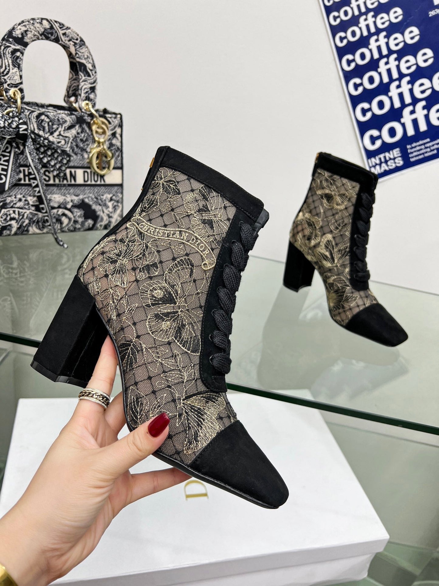 DIOR 25S NAUGHTILY-D ANKLE BOOTS 80 MM IN BLACK MESH TULLE AND SUEDE - 34