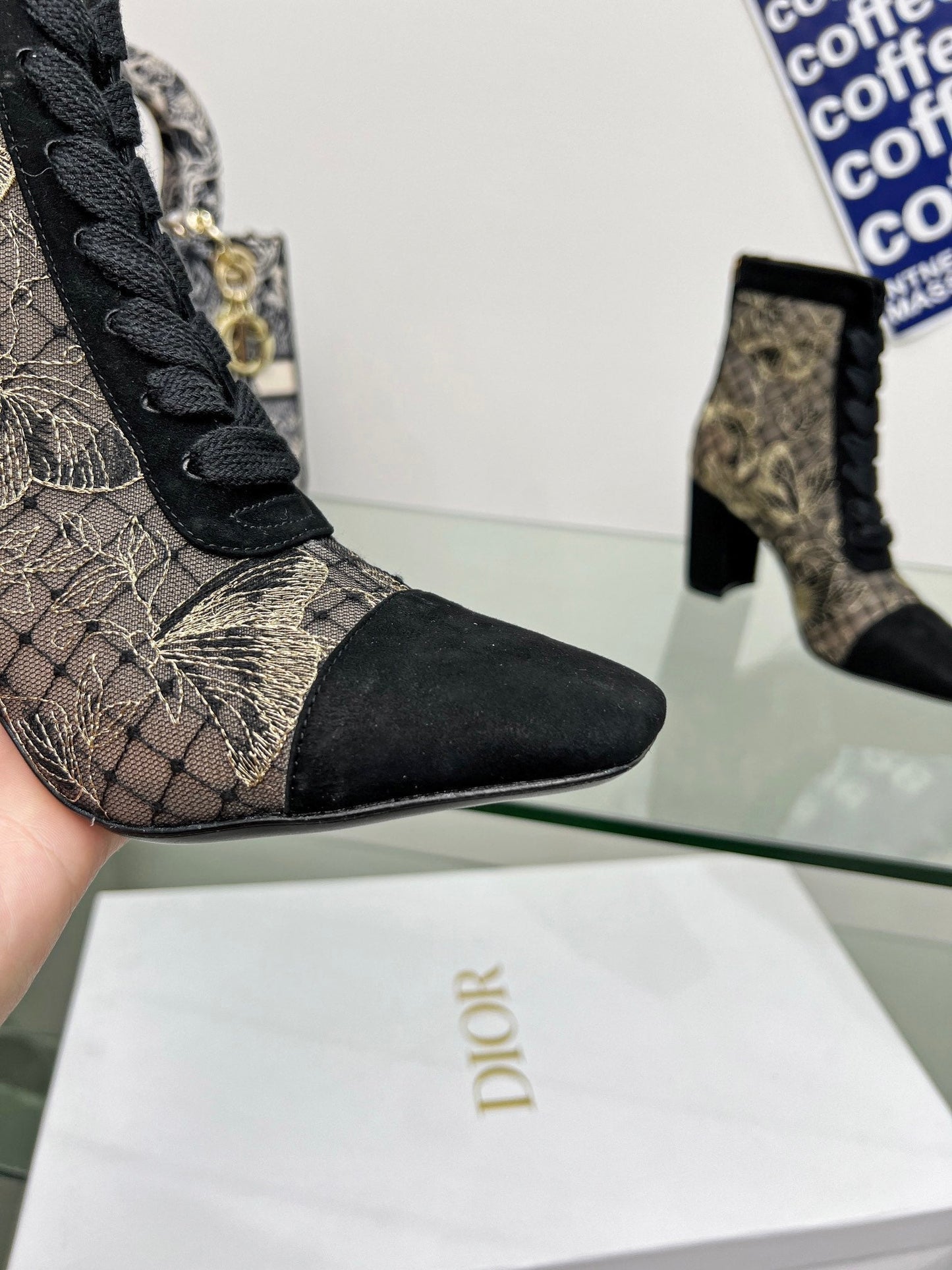 DIOR 25S NAUGHTILY-D ANKLE BOOTS 80 MM IN BLACK MESH TULLE AND SUEDE - 34