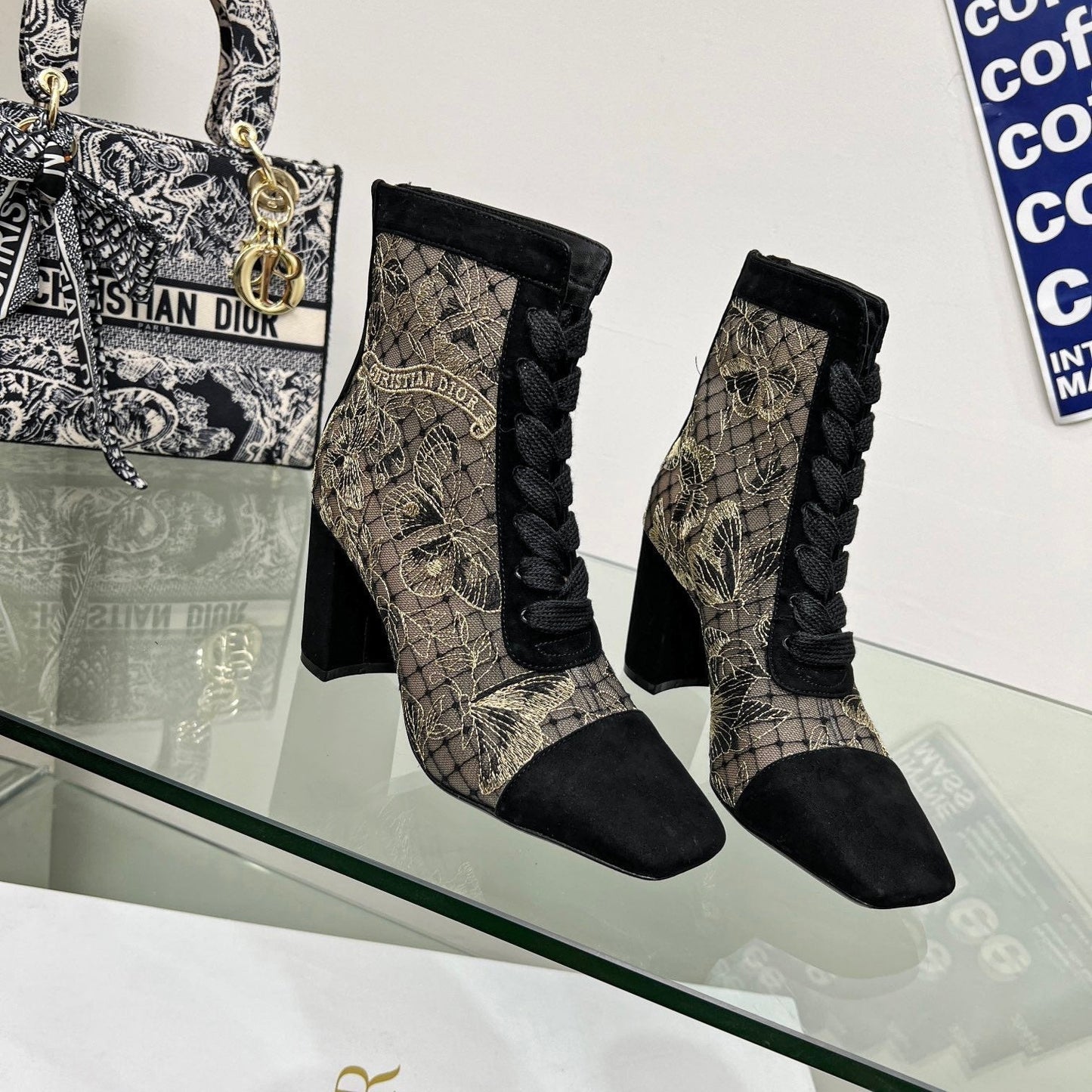DIOR 25S NAUGHTILY-D ANKLE BOOTS 80 MM IN BLACK MESH TULLE AND SUEDE - 34