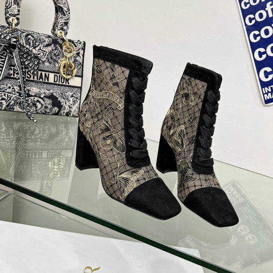 DIOR 25S NAUGHTILY-D ANKLE BOOTS 80 MM IN BLACK MESH TULLE AND SUEDE - 34
