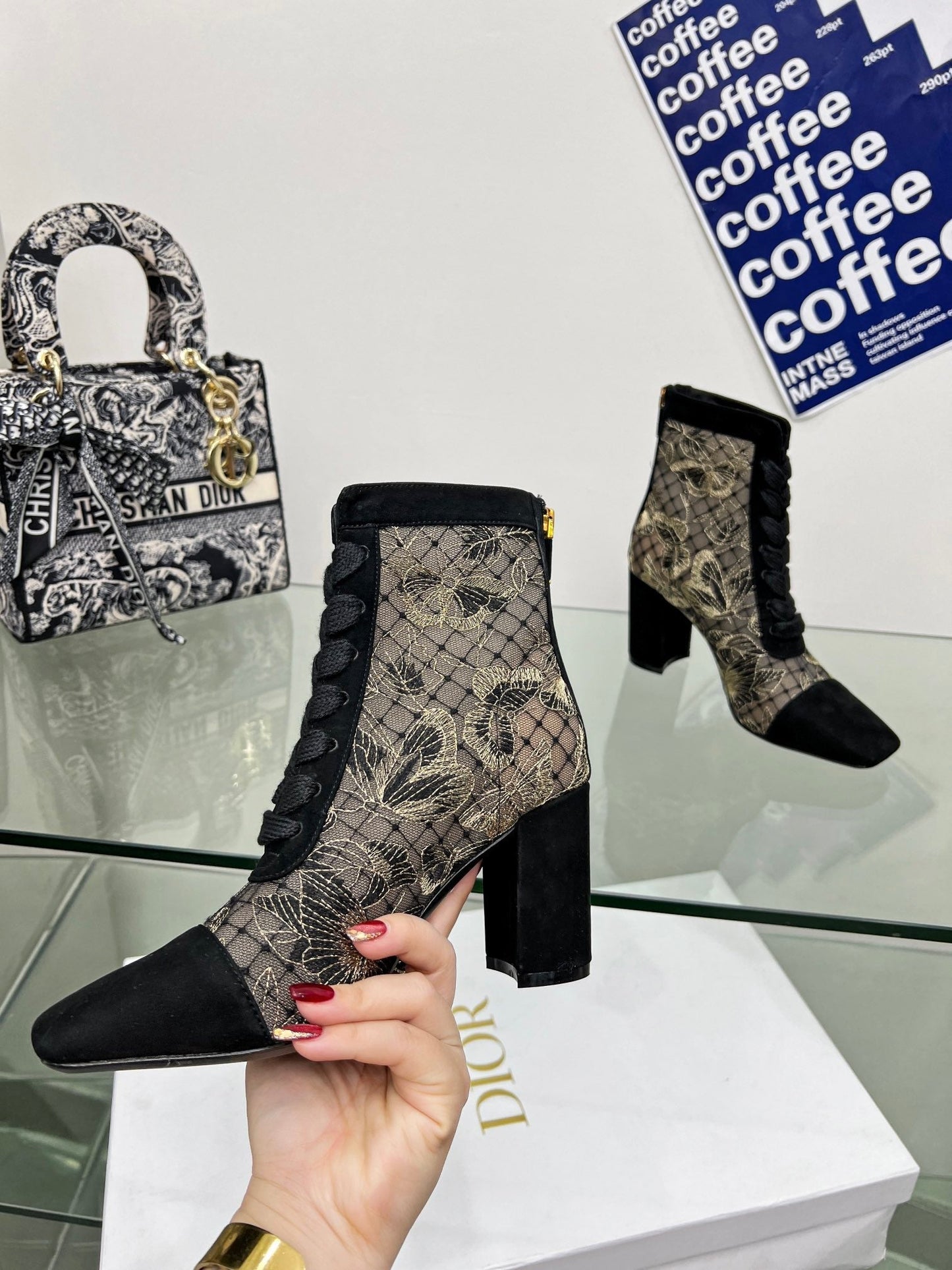 DIOR 25S NAUGHTILY-D ANKLE BOOTS 80 MM IN BLACK MESH TULLE AND SUEDE - 34