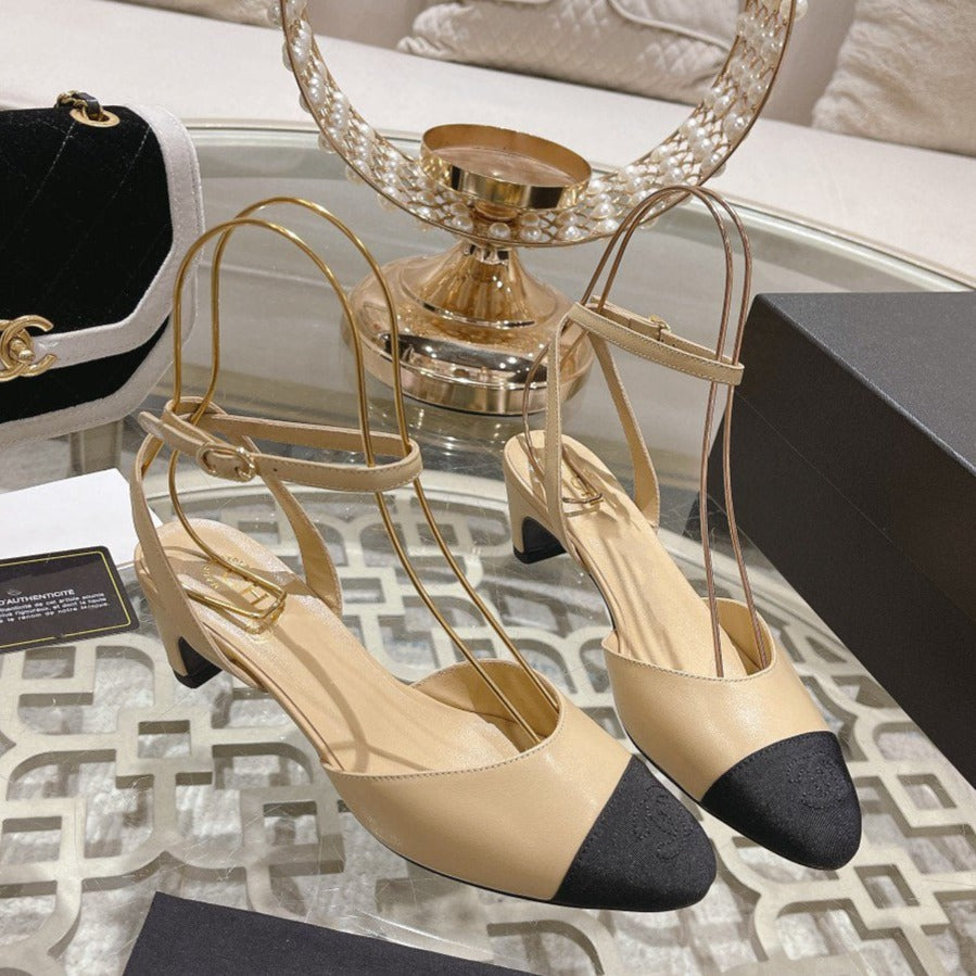 high slingbacks beige black lambskin grosgrain - 35