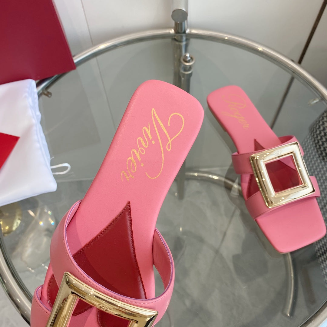 VIV' BY THE SEA LOVE METAL MULES IN PINK CALFSKIN GOLD BUCKLE - 34