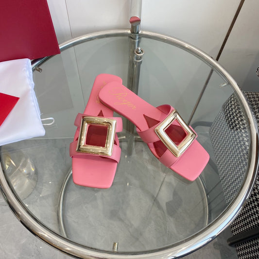 VIV' BY THE SEA LOVE METAL MULES IN PINK CALFSKIN GOLD BUCKLE - 34
