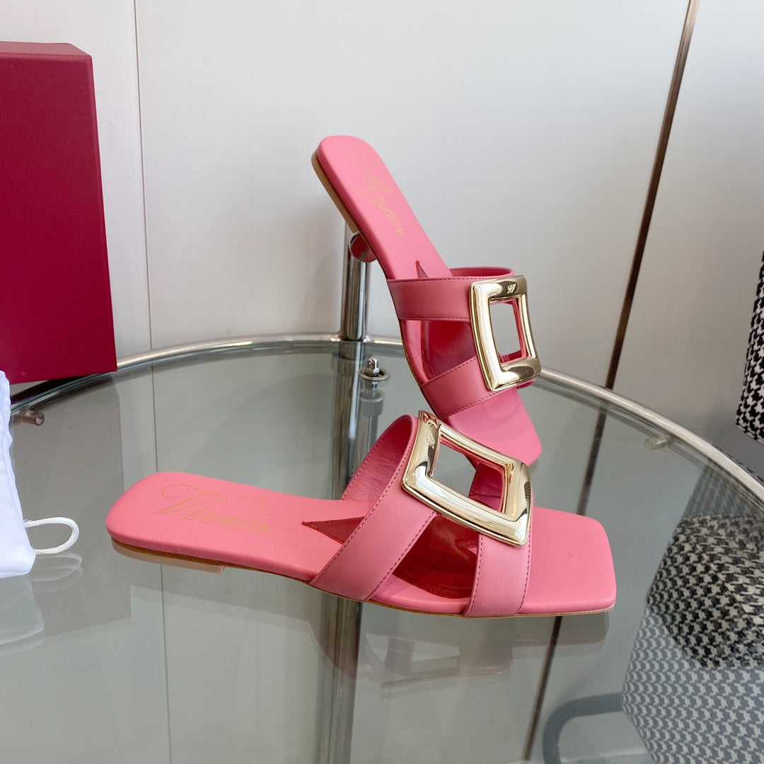 VIV' BY THE SEA LOVE METAL MULES IN PINK CALFSKIN GOLD BUCKLE - 34