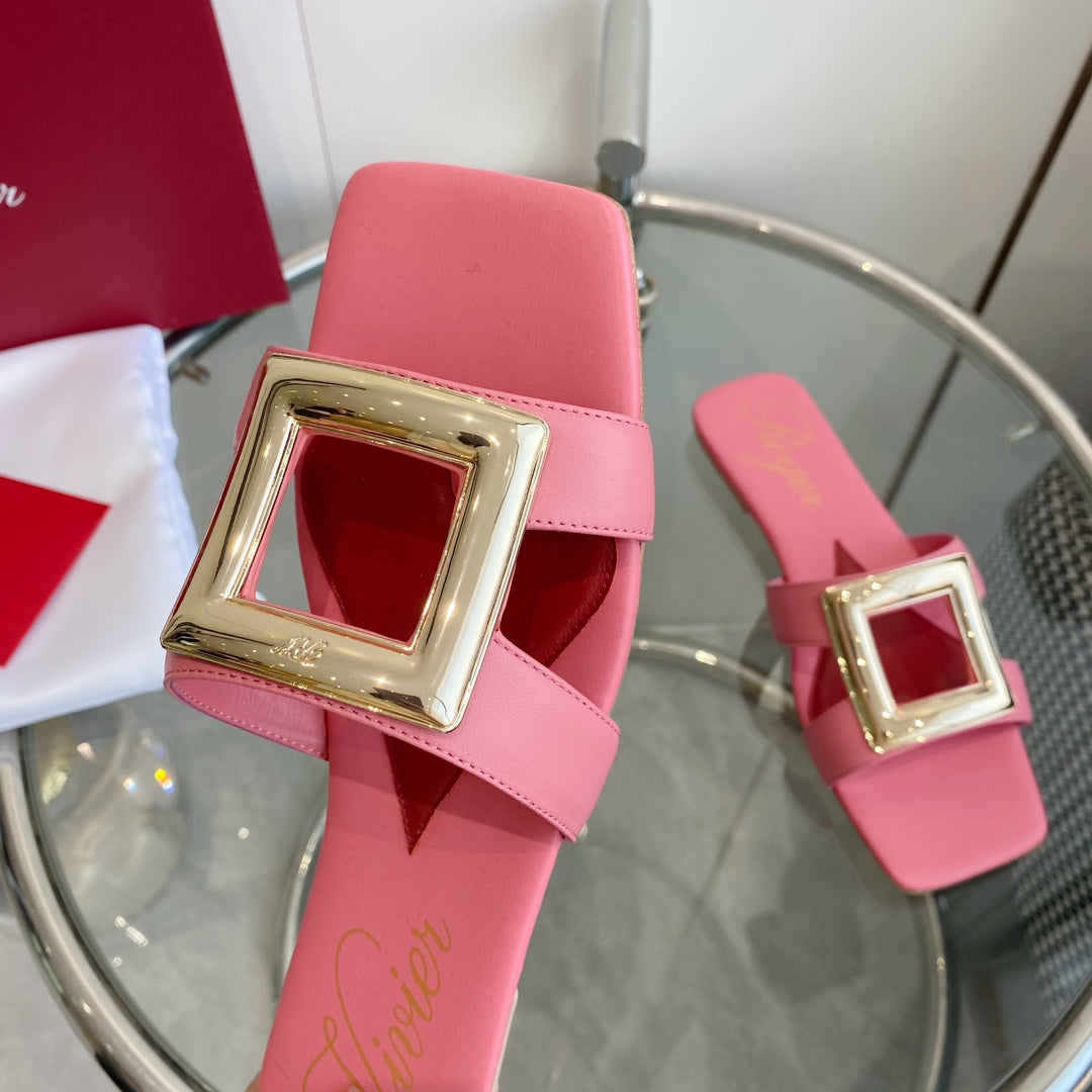 VIV' BY THE SEA LOVE METAL MULES IN PINK CALFSKIN GOLD BUCKLE - 34