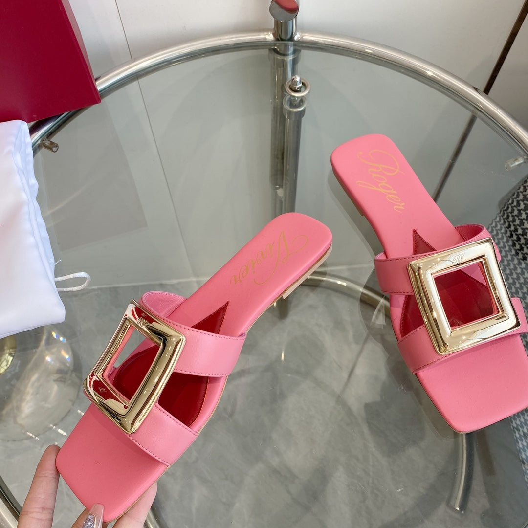 VIV' BY THE SEA LOVE METAL MULES IN PINK CALFSKIN GOLD BUCKLE - 34