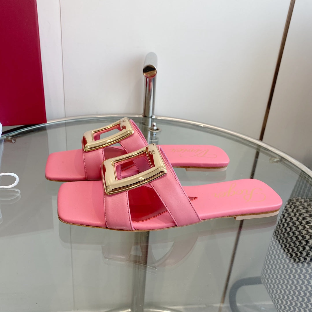 VIV' BY THE SEA LOVE METAL MULES IN PINK CALFSKIN GOLD BUCKLE - 34