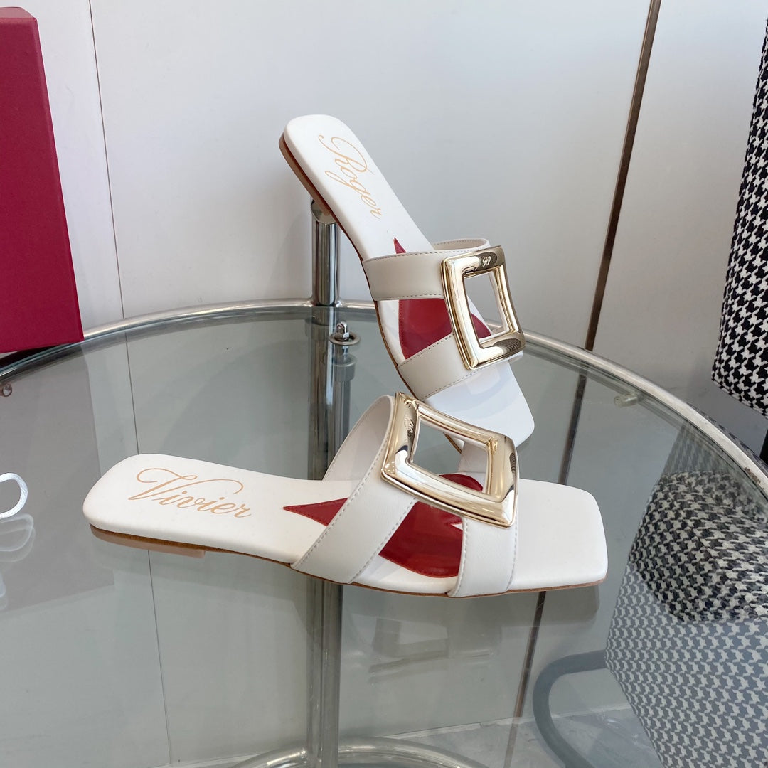 VIV' BY THE SEA LOVE METAL MULES IN WHITE CALFSKIN GOLD BUCKLE - 34