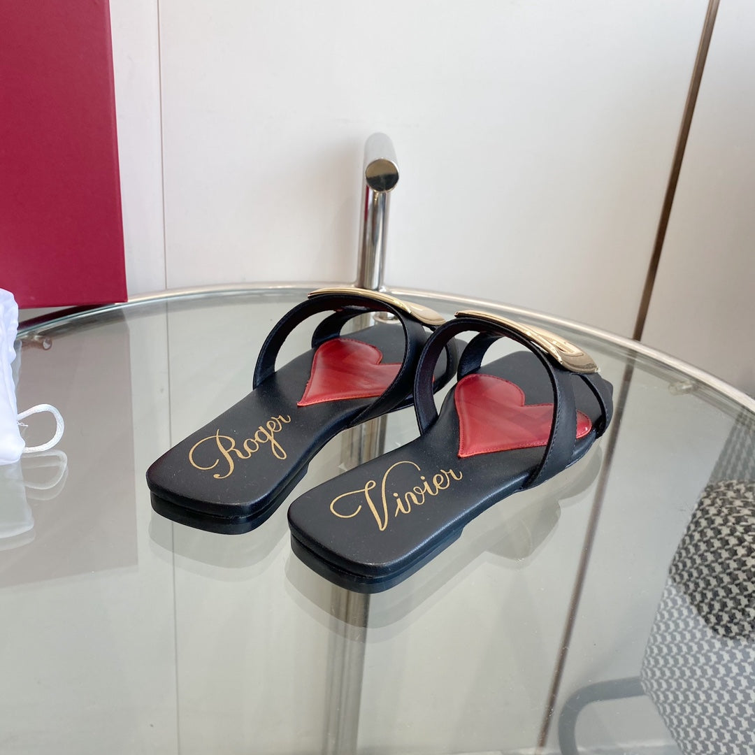 VIV' BY THE SEA LOVE METAL MULES IN BLACK CALFSKIN GOLD BUCKLE - 34