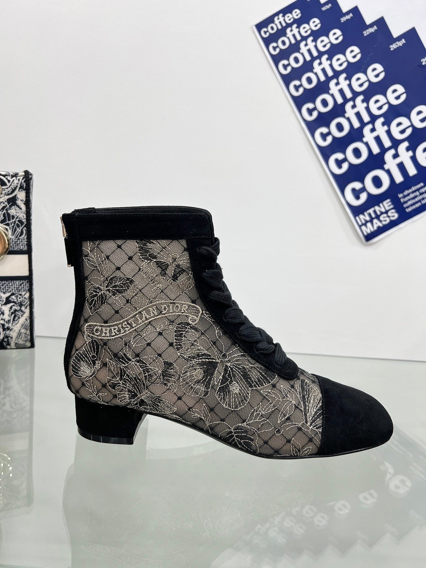 DIOR 25S NAUGHTILY-D ANKLE BOOTS 35 MM IN BLACK MESH TULLE AND SUEDE - 34