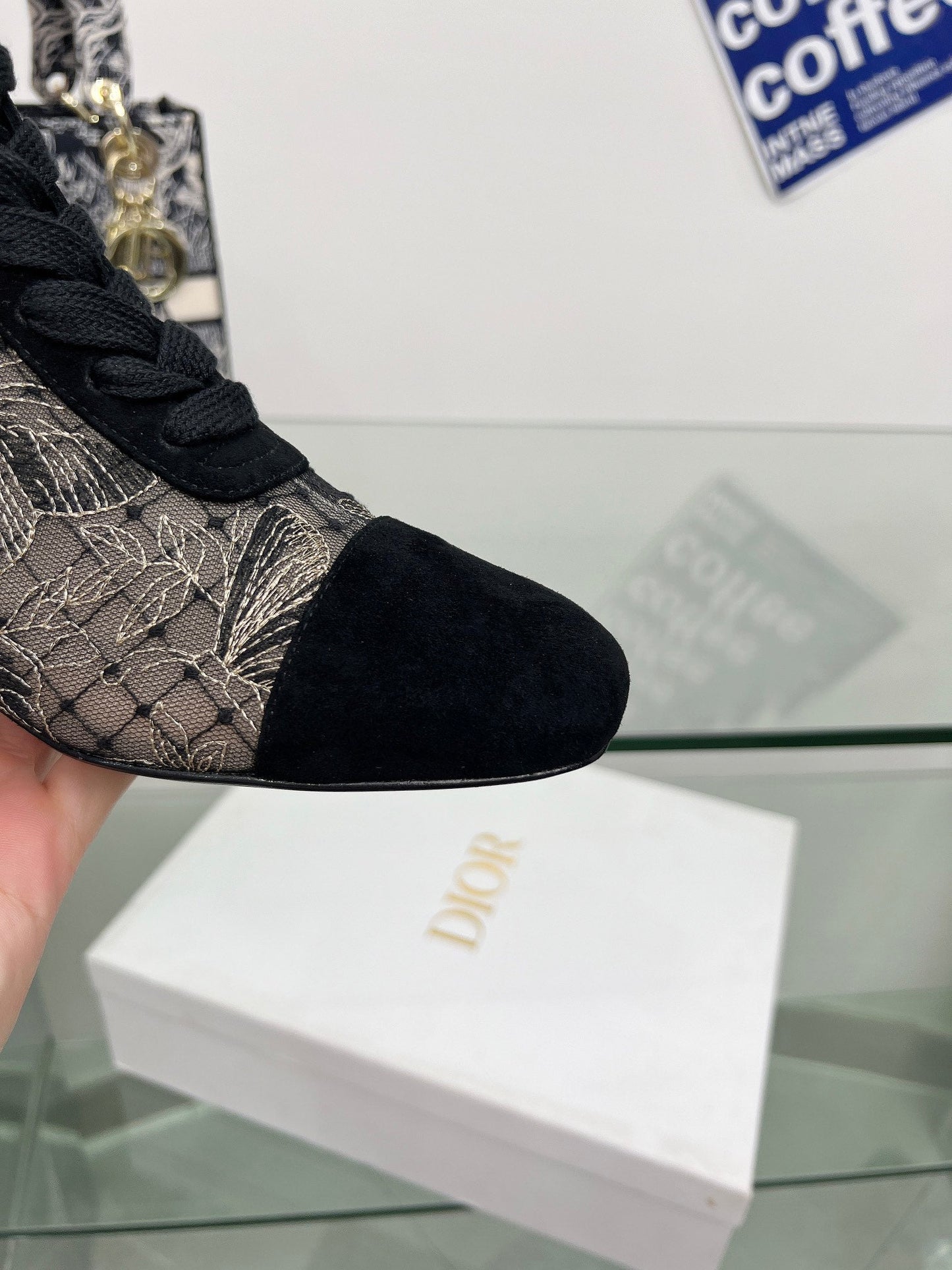 DIOR 25S NAUGHTILY-D ANKLE BOOTS 35 MM IN BLACK MESH TULLE AND SUEDE - 34