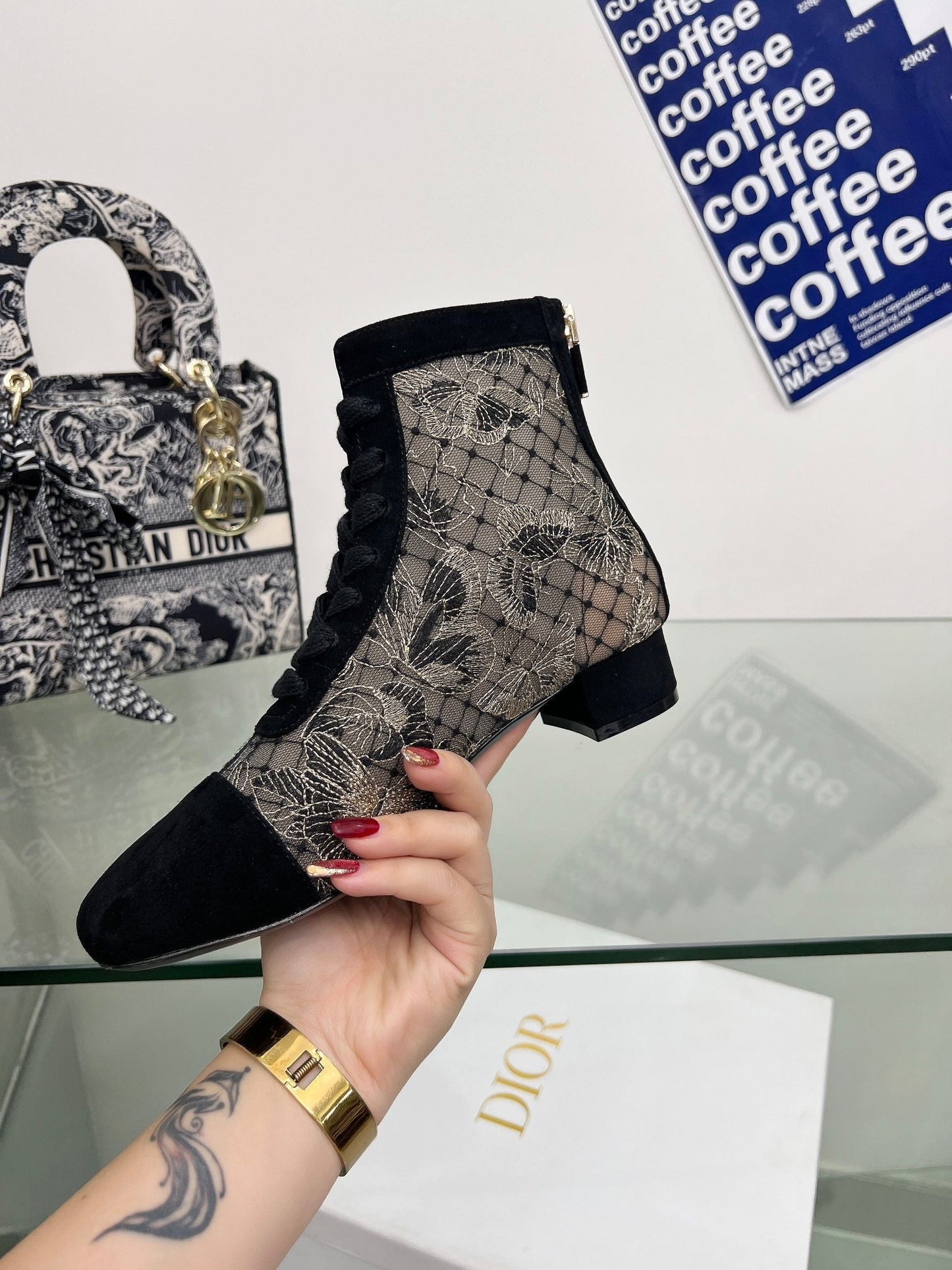 DIOR 25S NAUGHTILY-D ANKLE BOOTS 35 MM IN BLACK MESH TULLE AND SUEDE - 34
