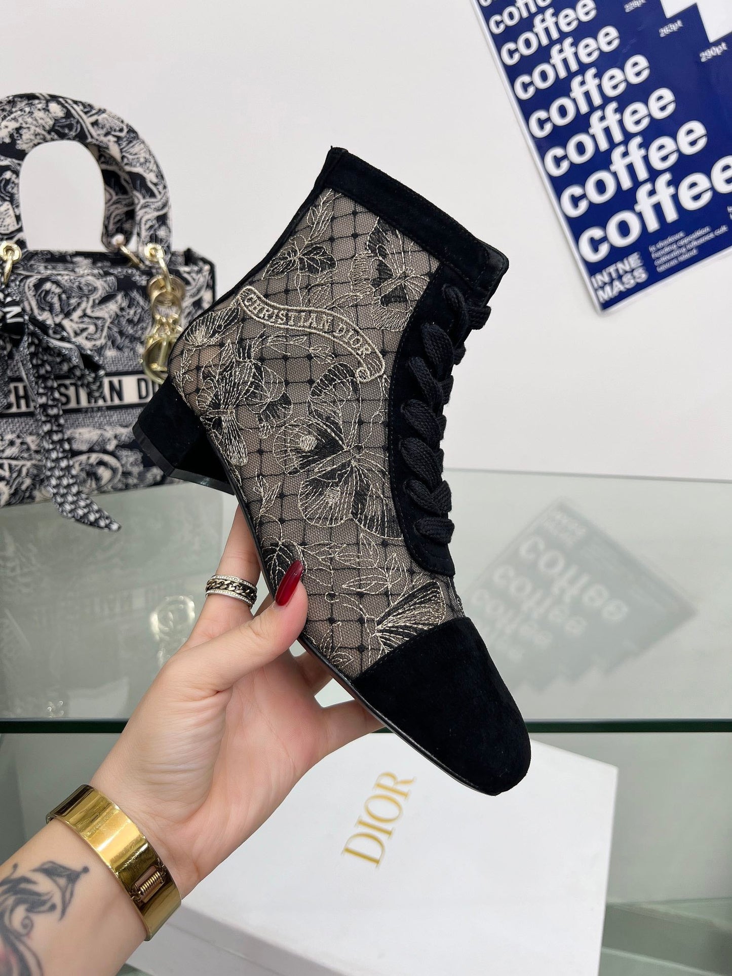 DIOR 25S NAUGHTILY-D ANKLE BOOTS 35 MM IN BLACK MESH TULLE AND SUEDE - 34