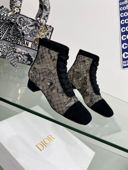DIOR 25S NAUGHTILY-D ANKLE BOOTS 35 MM IN BLACK MESH TULLE AND SUEDE - 34