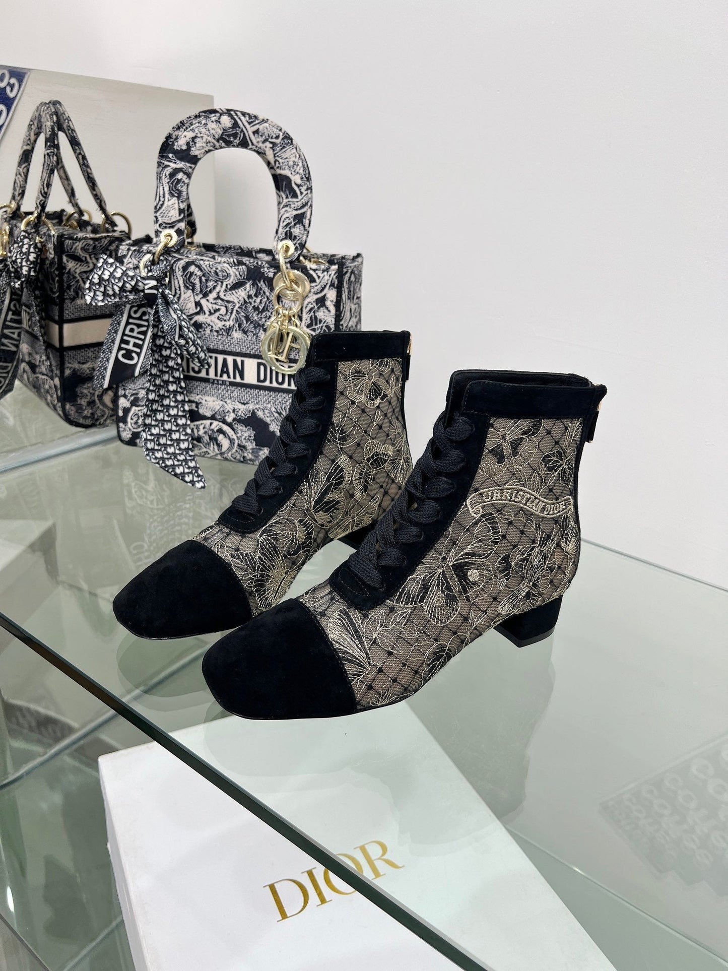 DIOR 25S NAUGHTILY-D ANKLE BOOTS 35 MM IN BLACK MESH TULLE AND SUEDE - 34