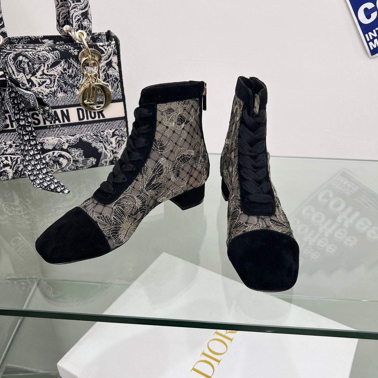 DIOR 25S NAUGHTILY-D ANKLE BOOTS 35 MM IN BLACK MESH TULLE AND SUEDE - 34