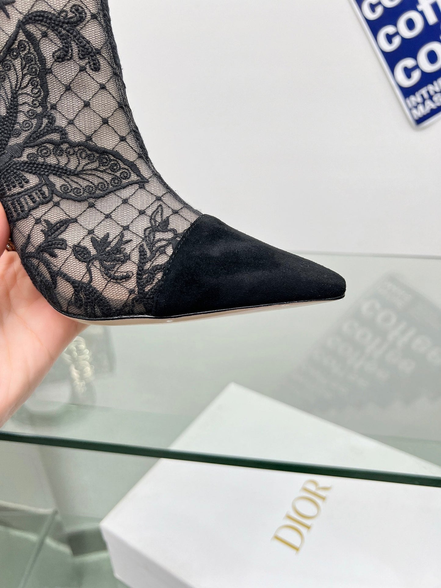 DIOR 25S POINTED-TOE ANKLE BOOTS 95 MM IN BLACK MESH TULLE AND SUEDE STYLE 1 - 34
