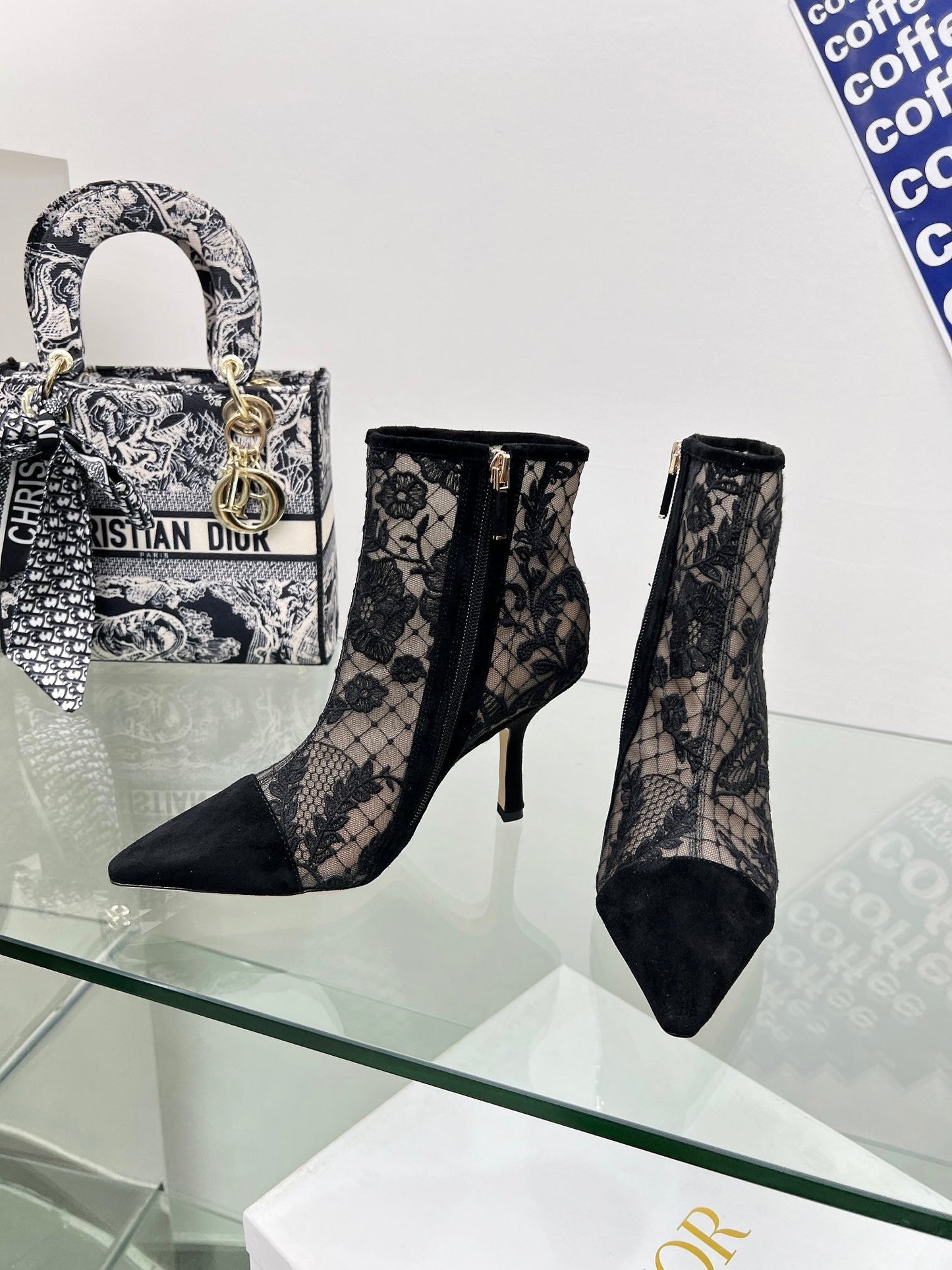 DIOR 25S POINTED-TOE ANKLE BOOTS 95 MM IN BLACK MESH TULLE AND SUEDE STYLE 1 - 34