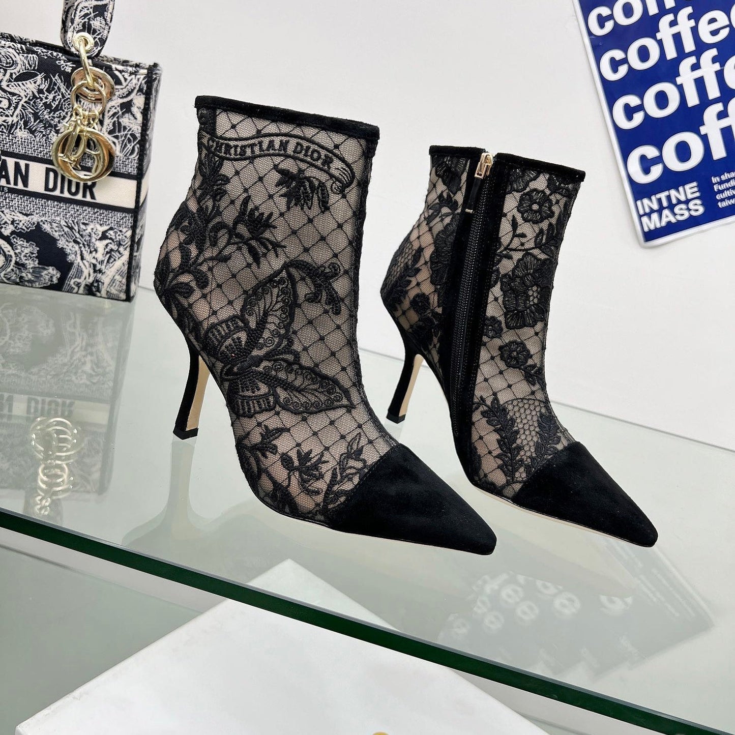 DIOR 25S POINTED-TOE ANKLE BOOTS 95 MM IN BLACK MESH TULLE AND SUEDE STYLE 1 - 34