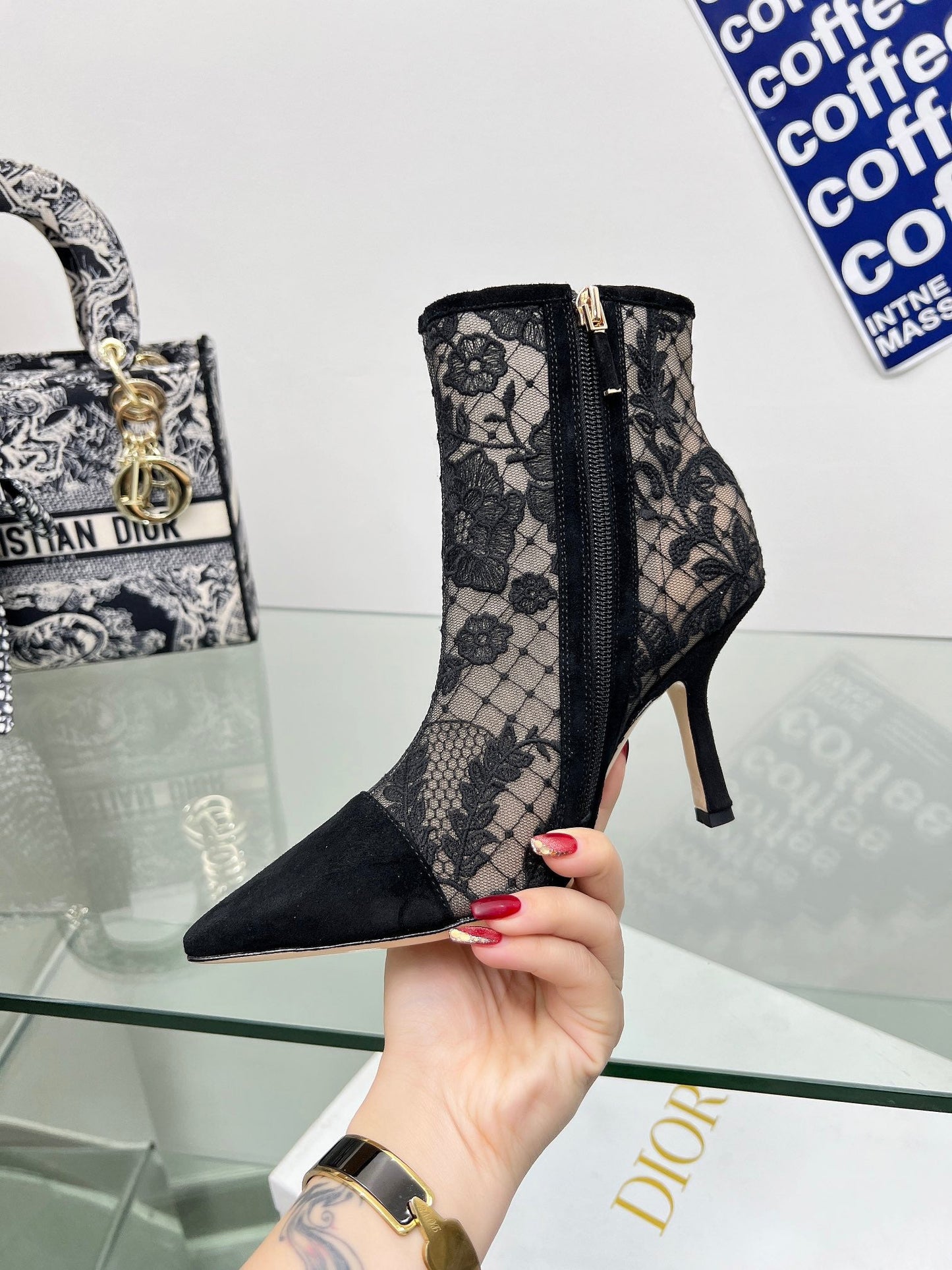 DIOR 25S POINTED-TOE ANKLE BOOTS 95 MM IN BLACK MESH TULLE AND SUEDE STYLE 1 - 34