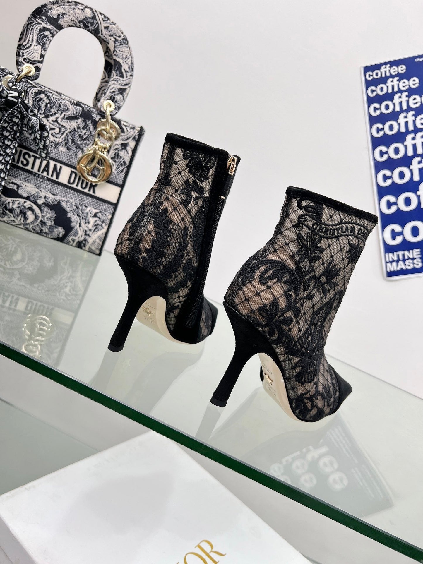 DIOR 25S POINTED-TOE ANKLE BOOTS 95 MM IN BLACK MESH TULLE AND SUEDE STYLE 1 - 34